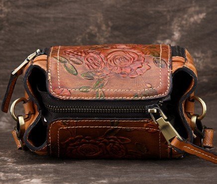 Fashionable Leather Vintage hand embossed handbag with shoulder inclined water bucket - Image 6