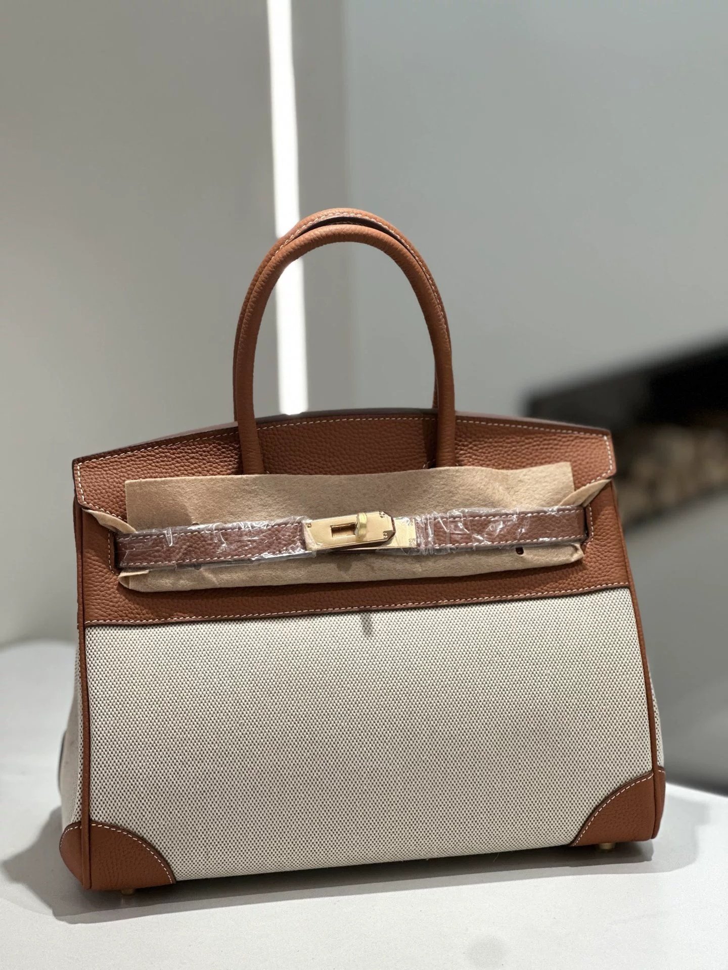New Cross-border Genuine Leather Birkin Bag, Cowhide With Fabric Large Tote, Commuter Handbag With A High-end Kelly Bag Feel - Image 3