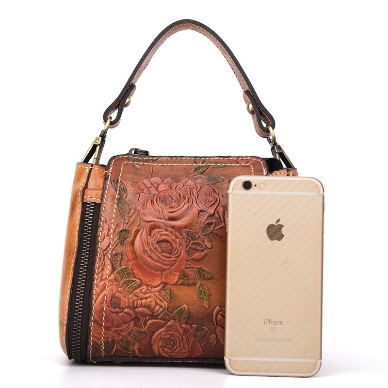 Fashionable Leather Vintage hand embossed handbag with shoulder inclined water bucket - Image 4
