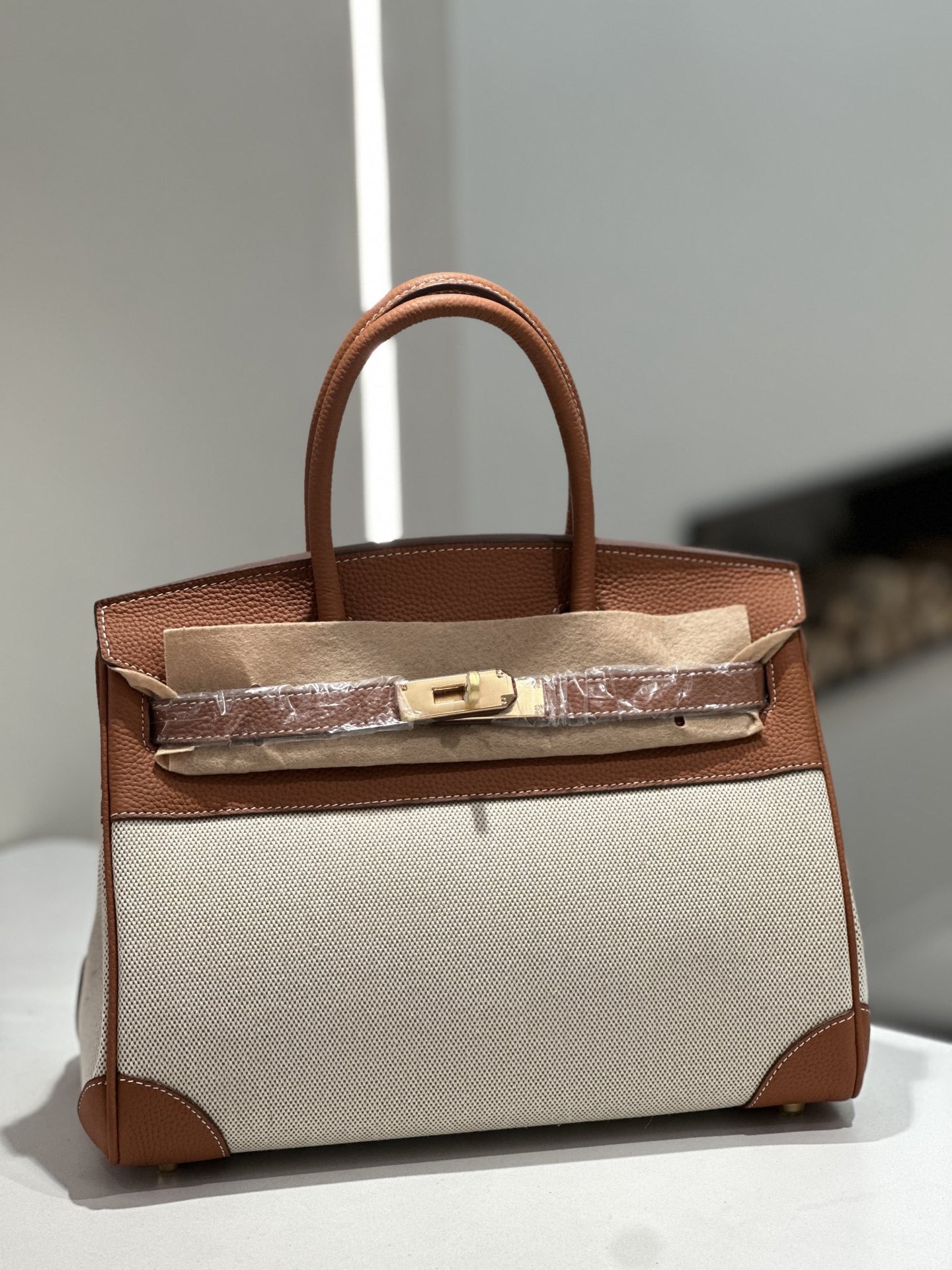 New Cross-border Genuine Leather Birkin Bag, Cowhide With Fabric Large Tote, Commuter Handbag With A High-end Kelly Bag Feel - Image 6
