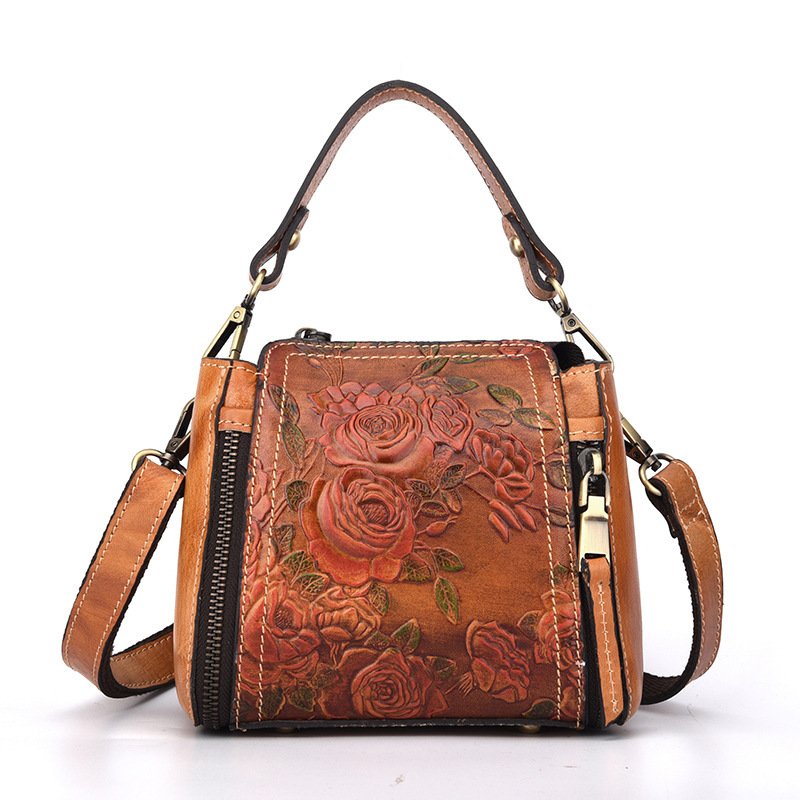 Fashionable Leather Vintage hand embossed handbag with shoulder inclined water bucket - Image 9