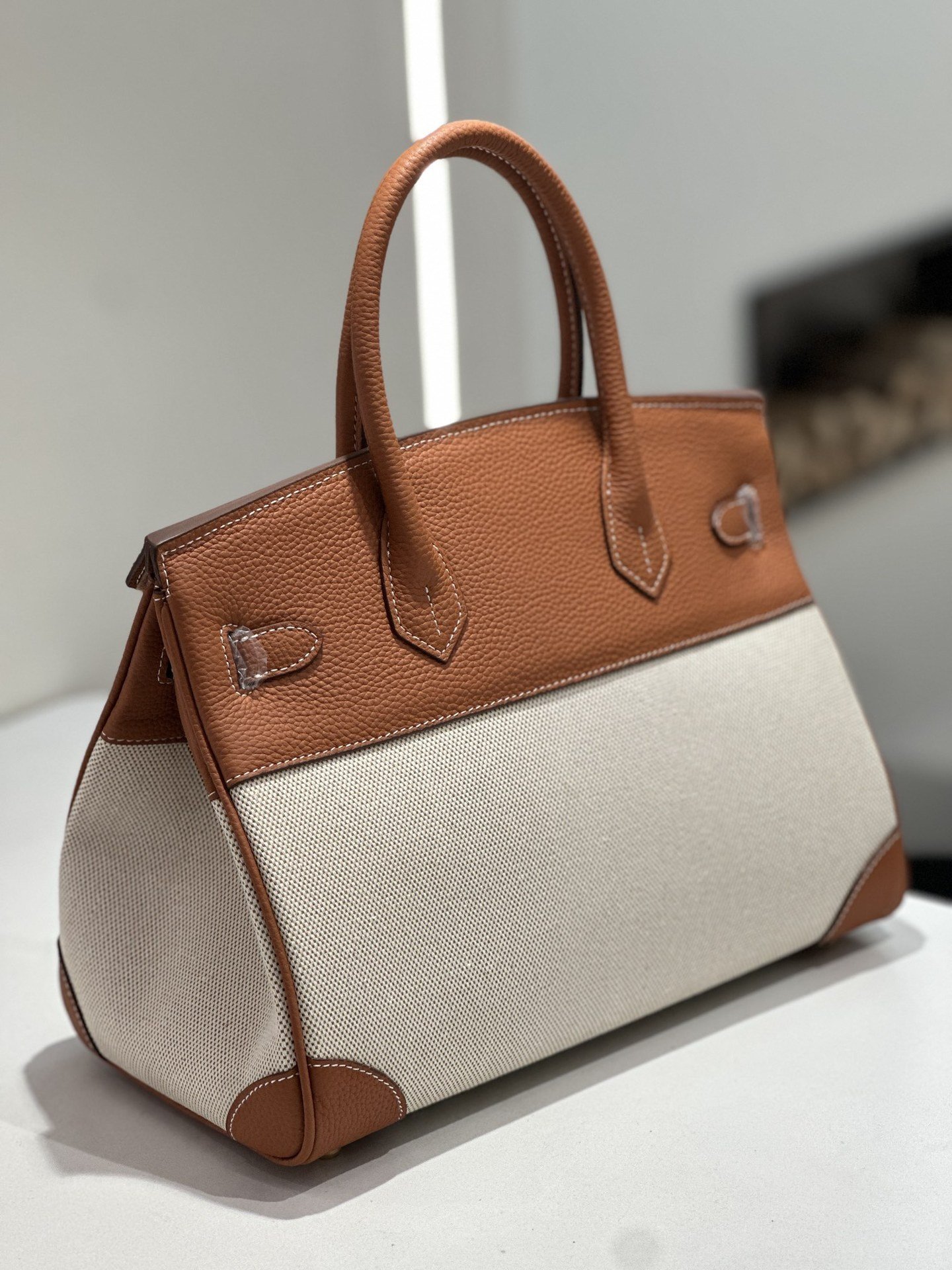 New Cross-border Genuine Leather Birkin Bag, Cowhide With Fabric Large Tote, Commuter Handbag With A High-end Kelly Bag Feel - Image 2