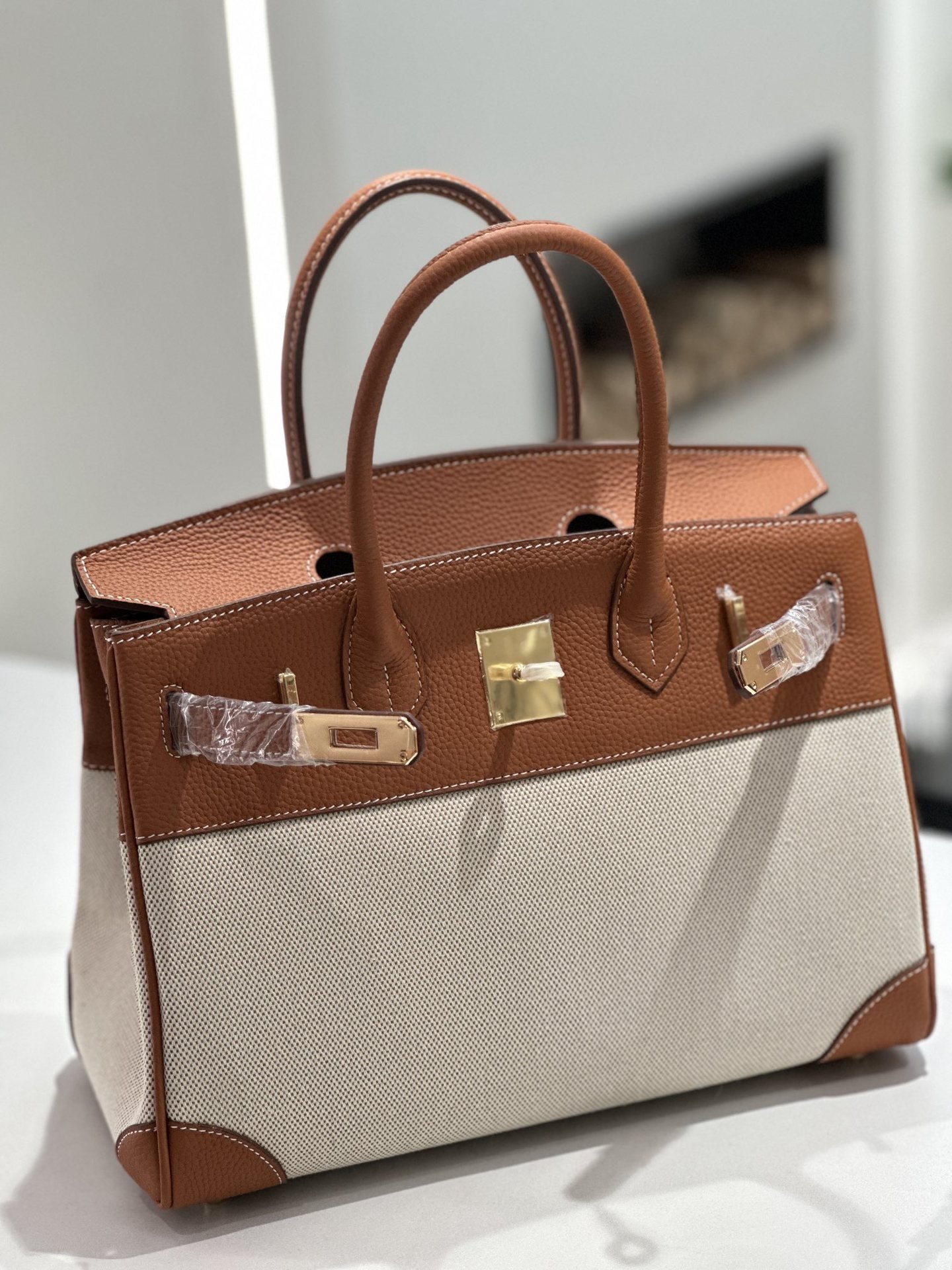 New Cross-border Genuine Leather Birkin Bag, Cowhide With Fabric Large Tote, Commuter Handbag With A High-end Kelly Bag Feel - Image 4